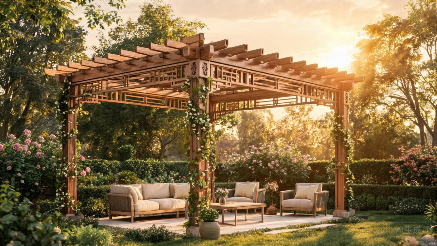 Aluminium pergola with adjustable louvers shading an outdoor patio