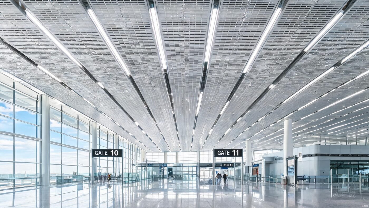 Aluminum baffle ceiling for hotel lobbies - detail view