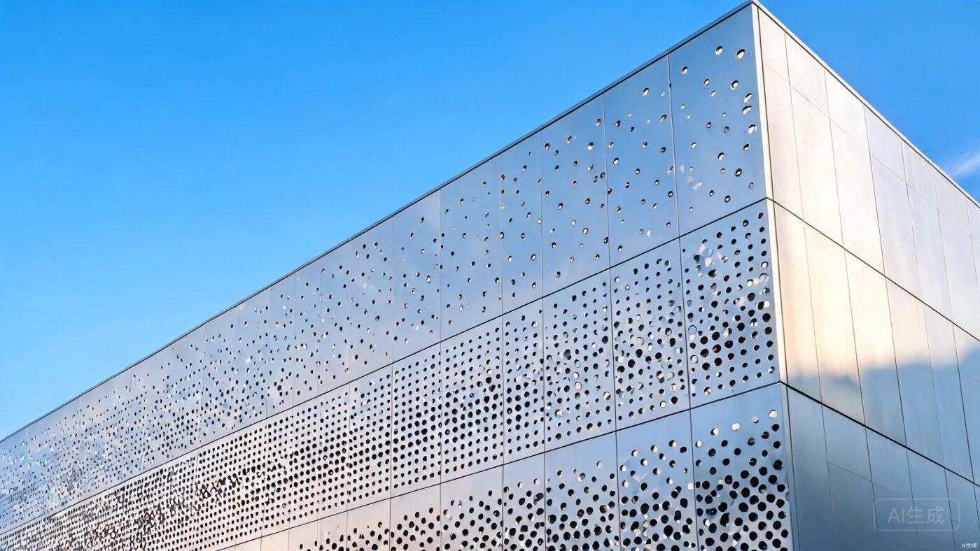 Perforated aluminum veneer panels installed on a building facade